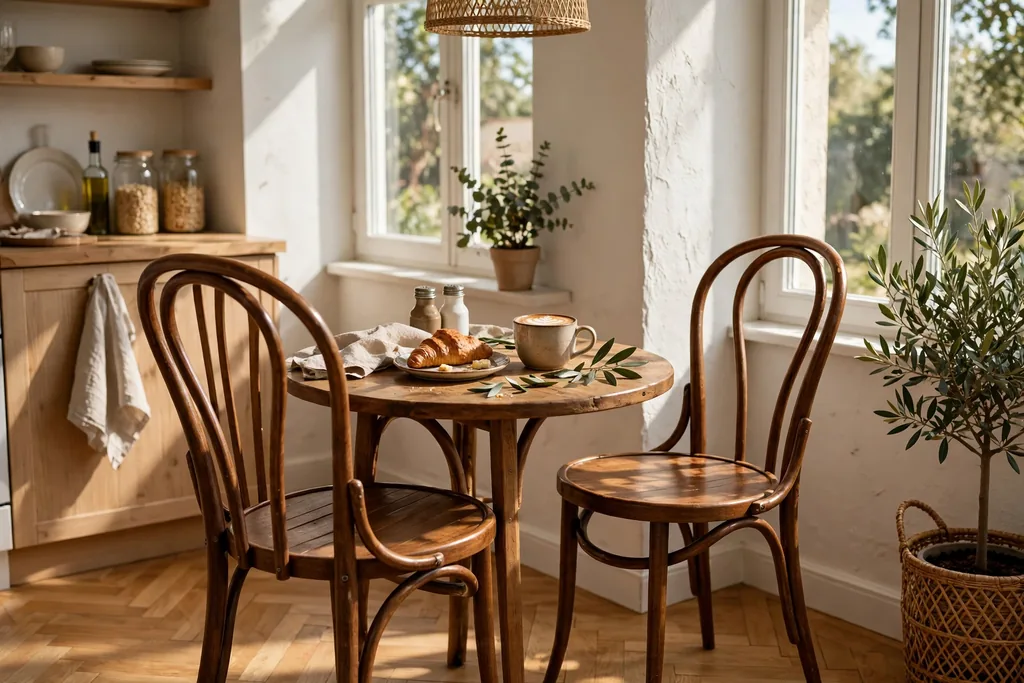 Bentwood bistro chairs with curved backs at a small kitchen table.