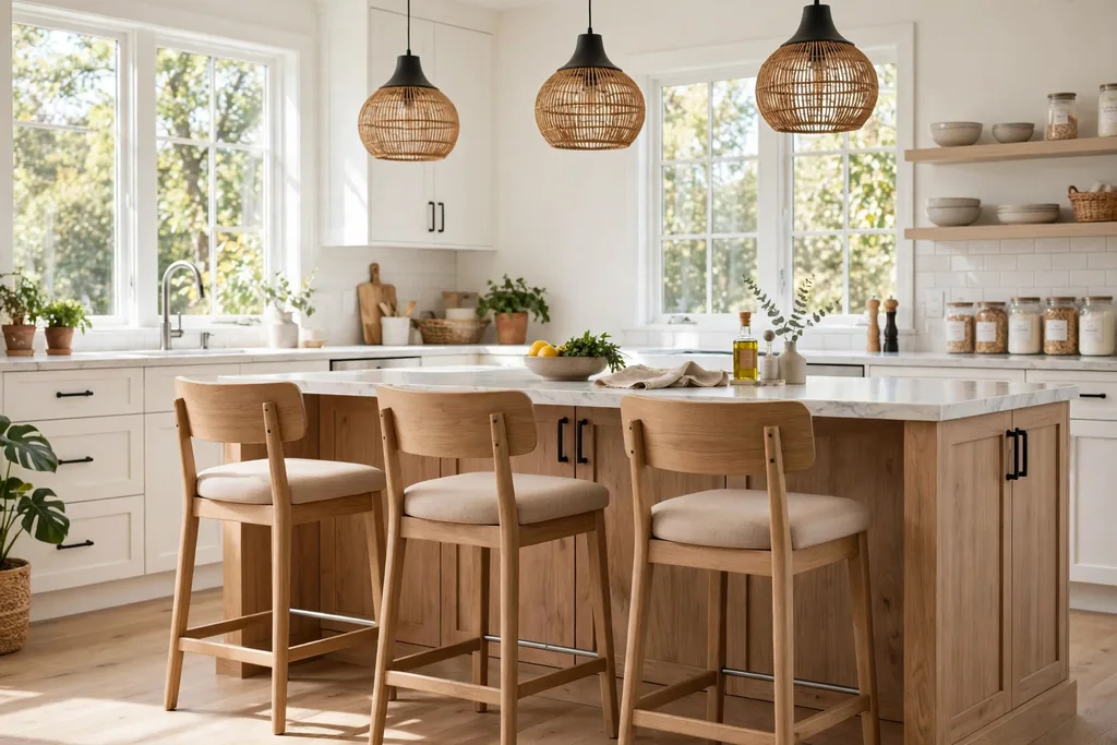 Counter stools with low backs and footrests at a kitchen island.