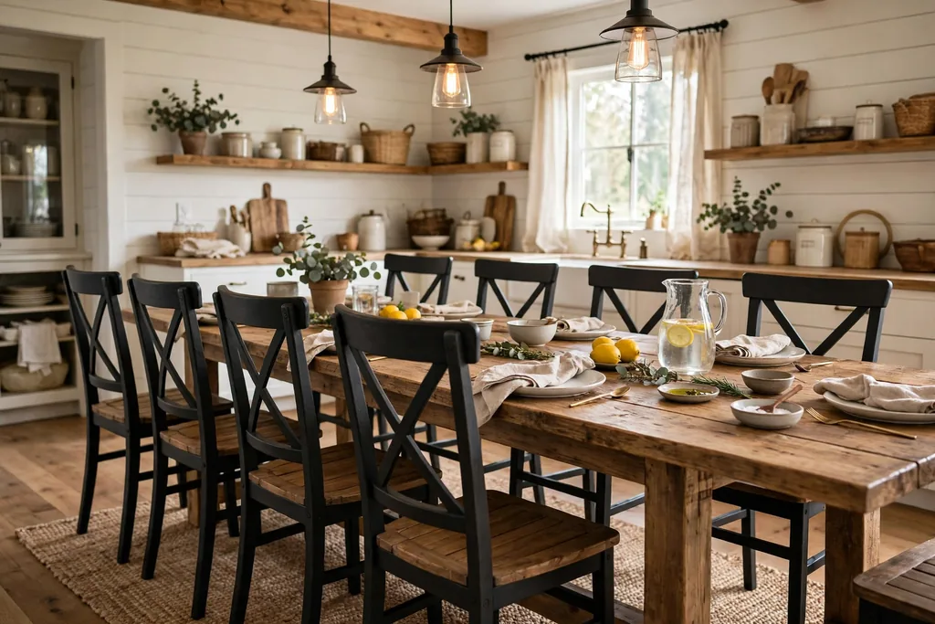 Cross back farmhouse chairs beside a long wood kitchen table.