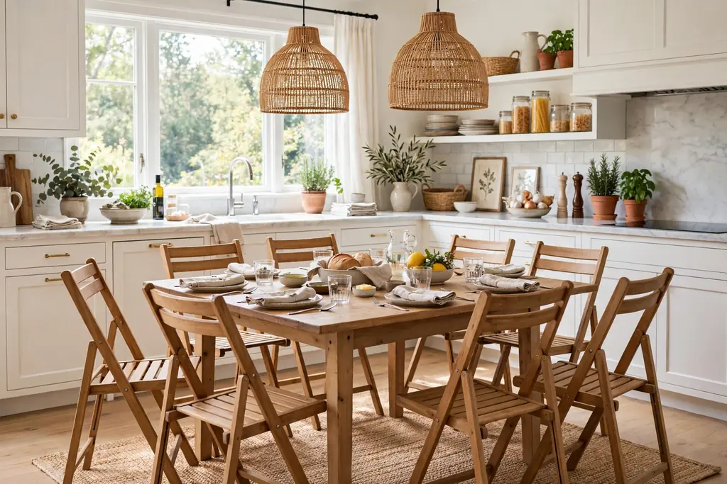 Wood folding chairs set around a kitchen table for extra guests.