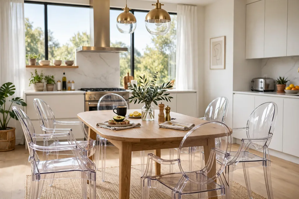 Clear acrylic chairs around a kitchen table in a bright room.