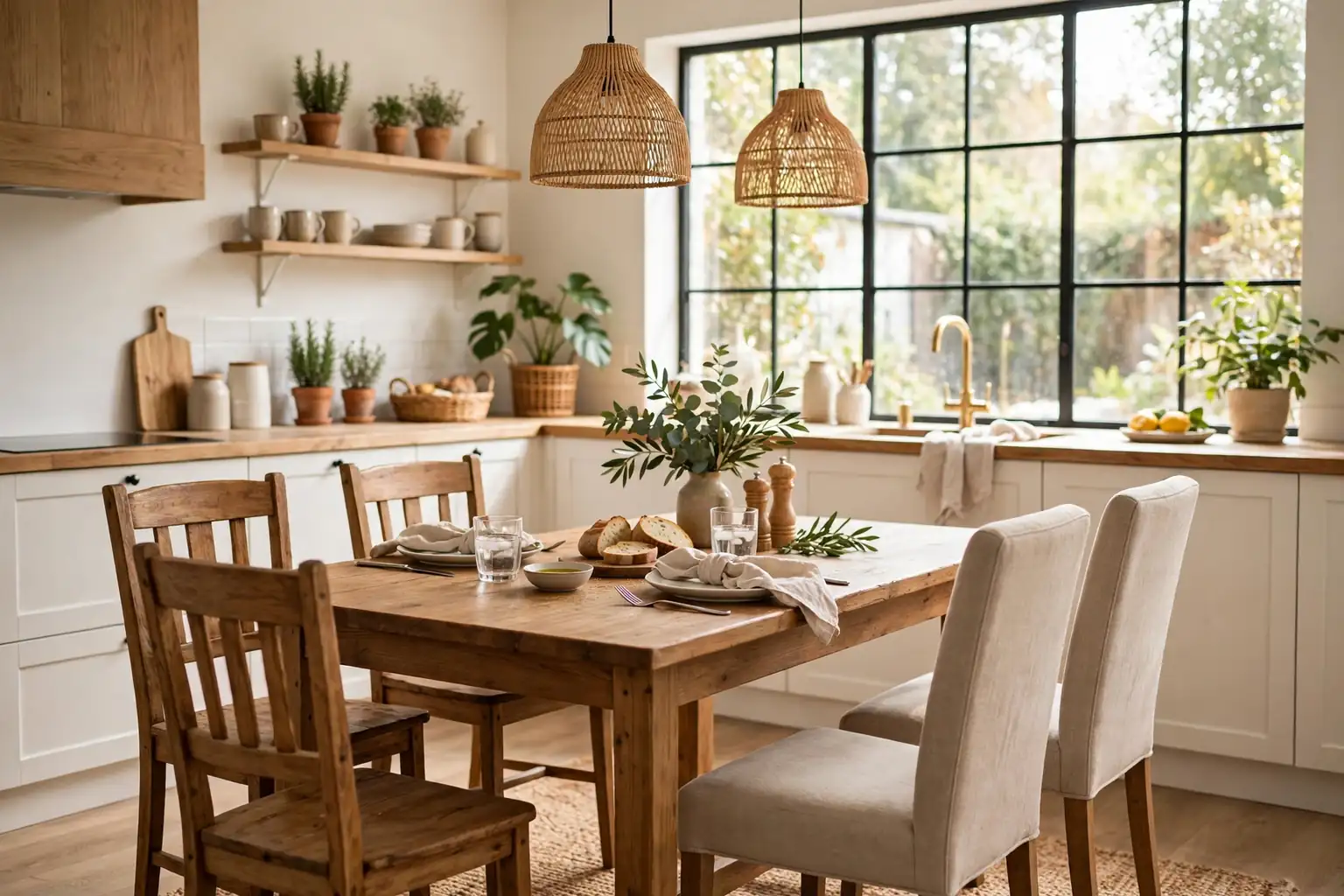 Bright kitchen with a wood dining table surrounded by cozy wood and upholstered kitchen chairs.