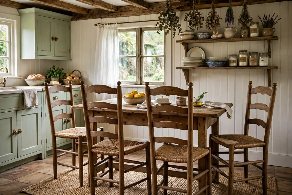 Ladder back chairs with slatted backs and woven seats at a kitchen table.