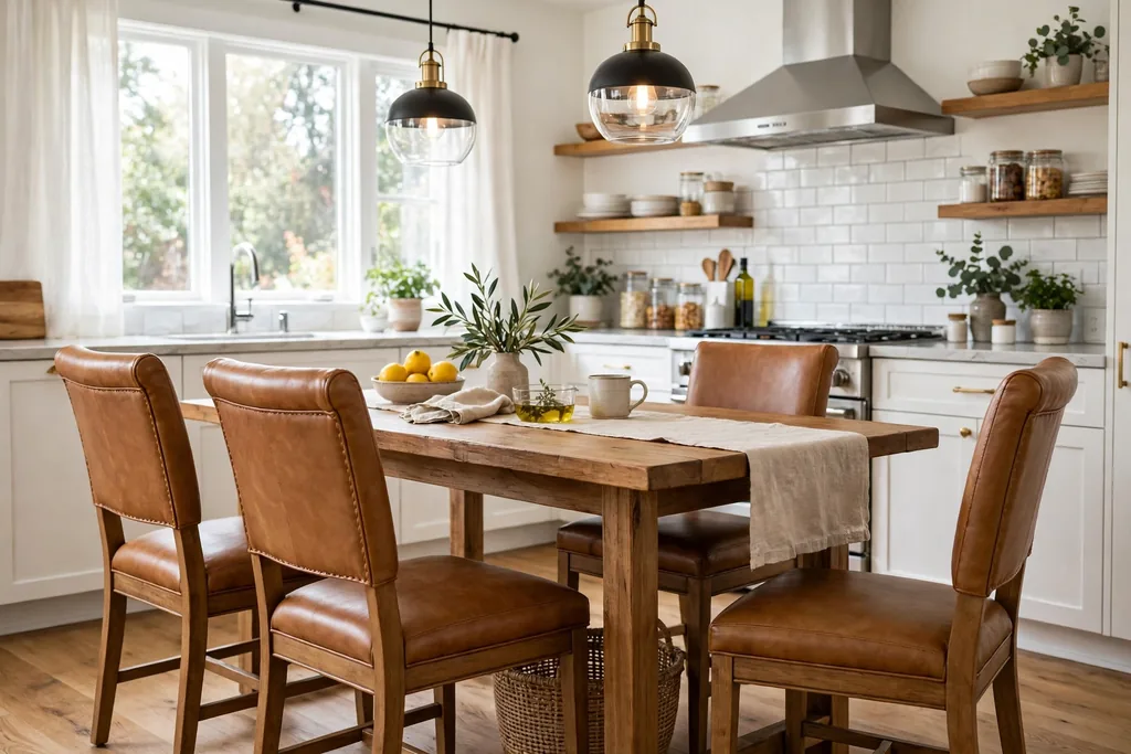 Leather dining chairs in warm tan around a wood kitchen table.