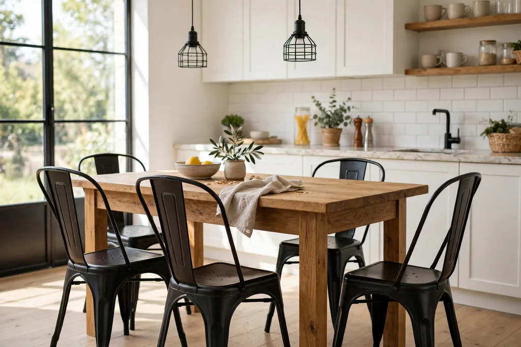 Metal industrial chairs with a plain frame at a kitchen table.