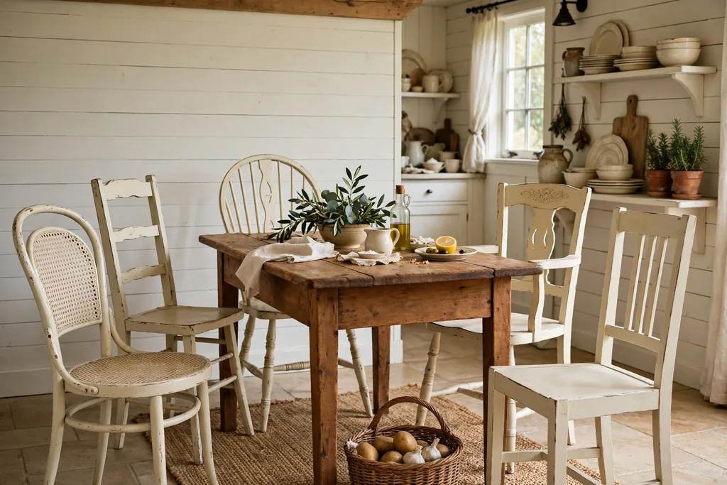 Mismatched vintage chairs painted cream around a kitchen table.