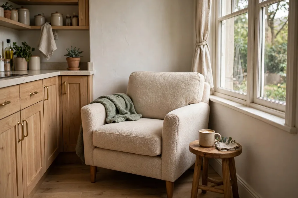 Single cozy armchair in a kitchen corner beside a window.
