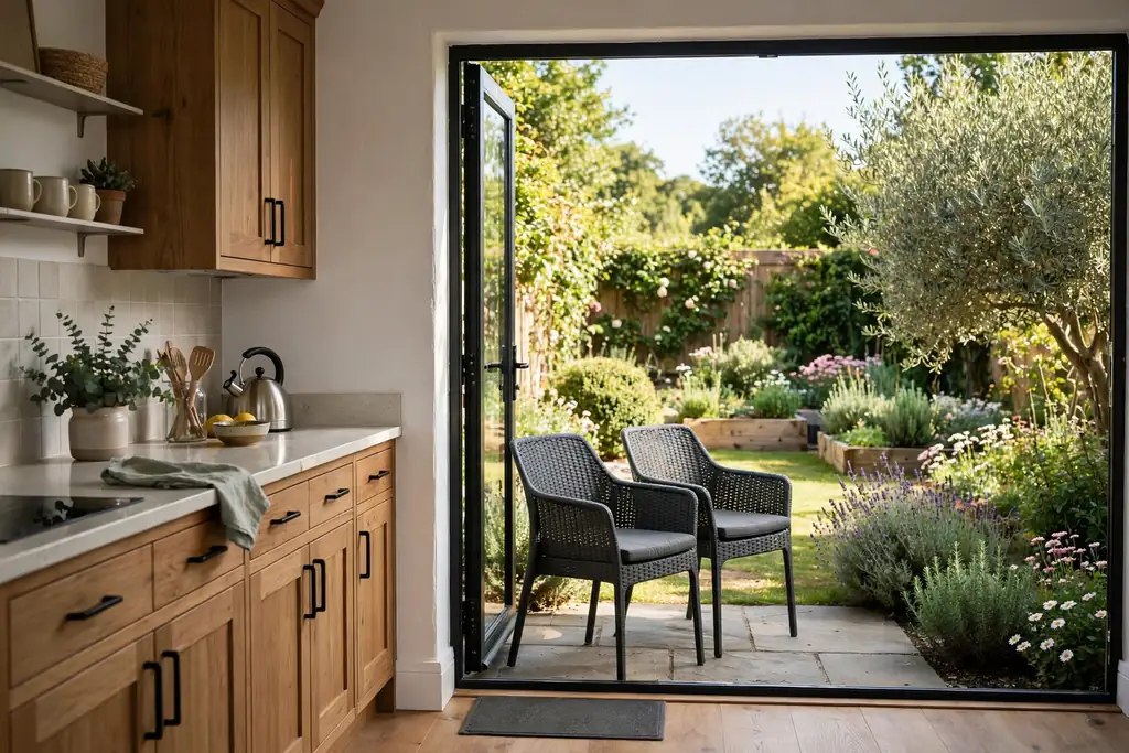 Weather ready chairs beside a kitchen door opening to a garden.