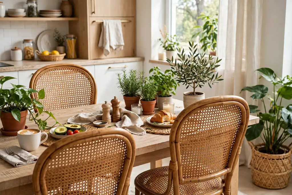 Rattan chairs with cane woven backs at a bright kitchen table.