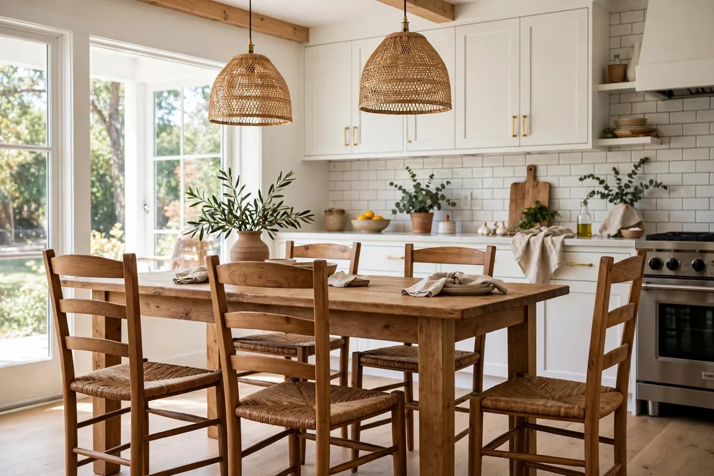 Wood kitchen chairs with woven rush seats around a wood dining table.