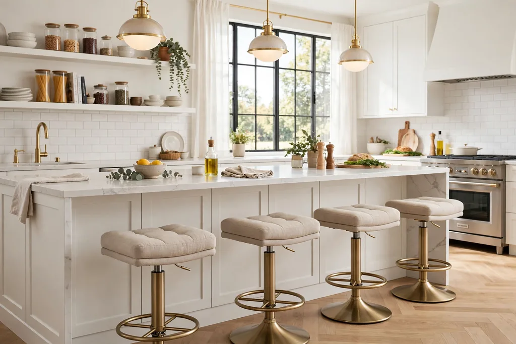 Swivel bar stools with padded seats at a long kitchen island.