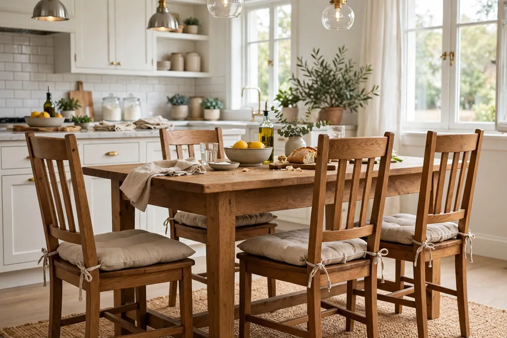 Wood kitchen chairs with tied seat cushions at a dining table.