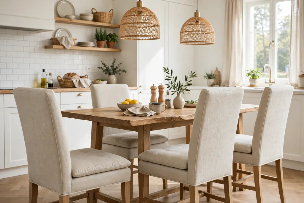 Upholstered linen dining chairs with padded seats at a kitchen table.