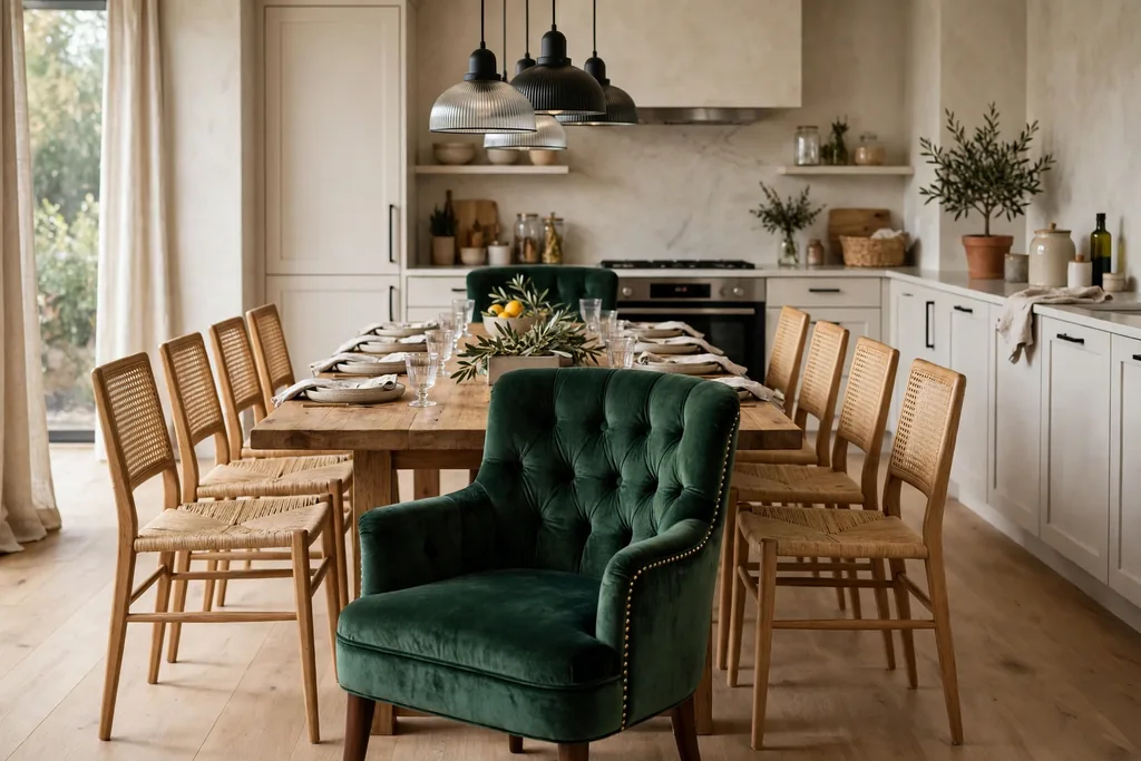 Velvet host chairs at the ends of a long kitchen dining table.