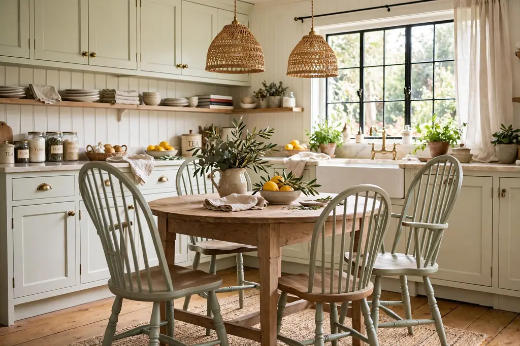 Windsor chairs with spindle backs around a round kitchen table.
