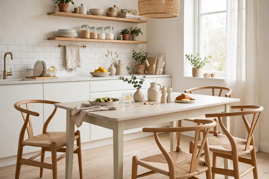 Wishbone chairs with curved top rails at a pale kitchen table.