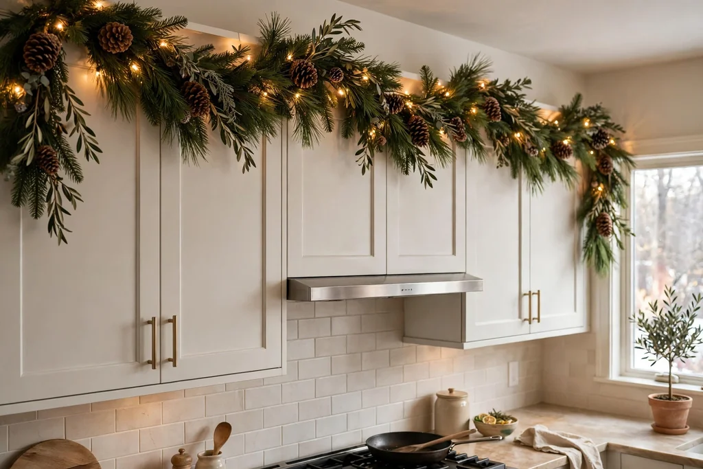 Pine garland with pinecones and warm lights along the tops of kitchen upper cabinets.