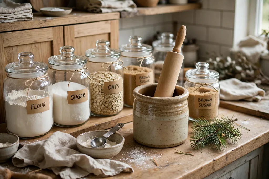 Kitchen baking station with clear jars, a rolling pin in a crock, and a pine sprig.
