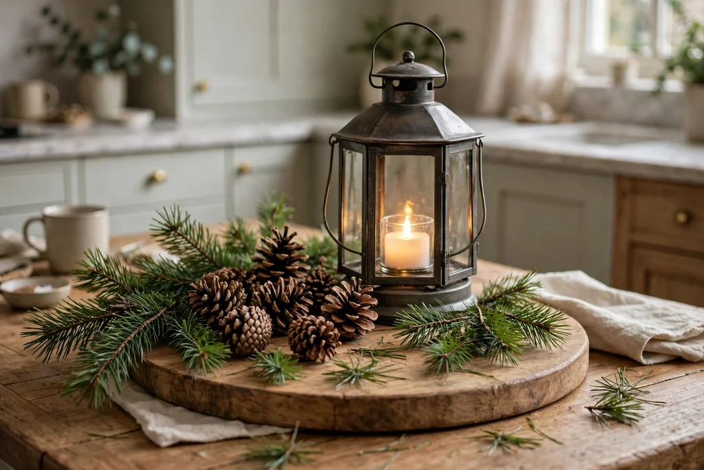 Kitchen table with a lantern, battery candle, pine sprigs, and pinecones on a round board.