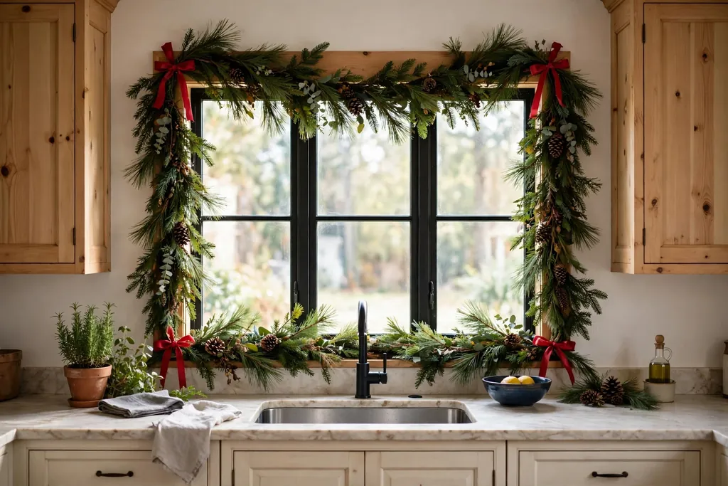 Kitchen window framed with a pine garland tied with red ribbon at the corners.