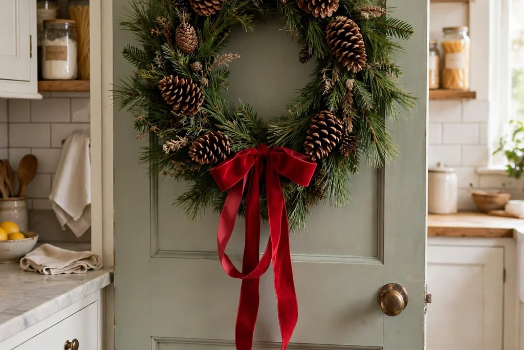 Pine wreath with a red ribbon and pinecones hung on a kitchen pantry door.