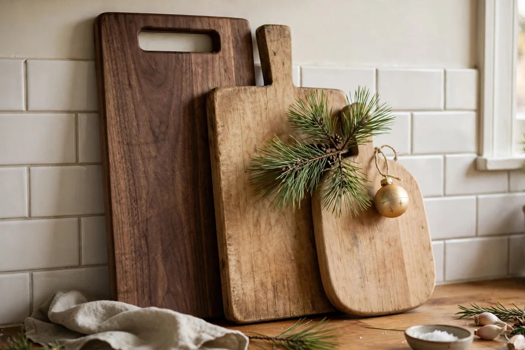 Wooden cutting boards leaning against a kitchen backsplash with a pine sprig and a small ornament.