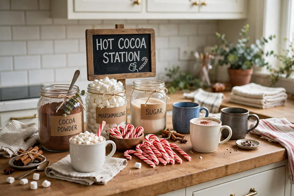 Hot cocoa station on a kitchen counter with mugs, jars of cocoa and marshmallows, and candy canes.