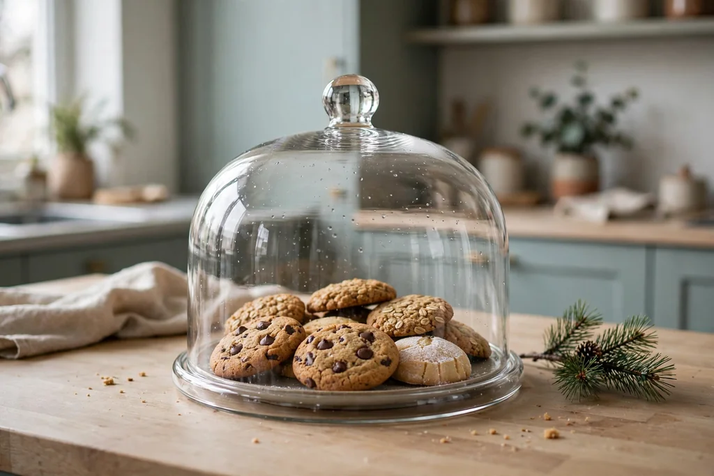Plate of cookies under a glass cloche on a kitchen counter with a pine sprig beside it.