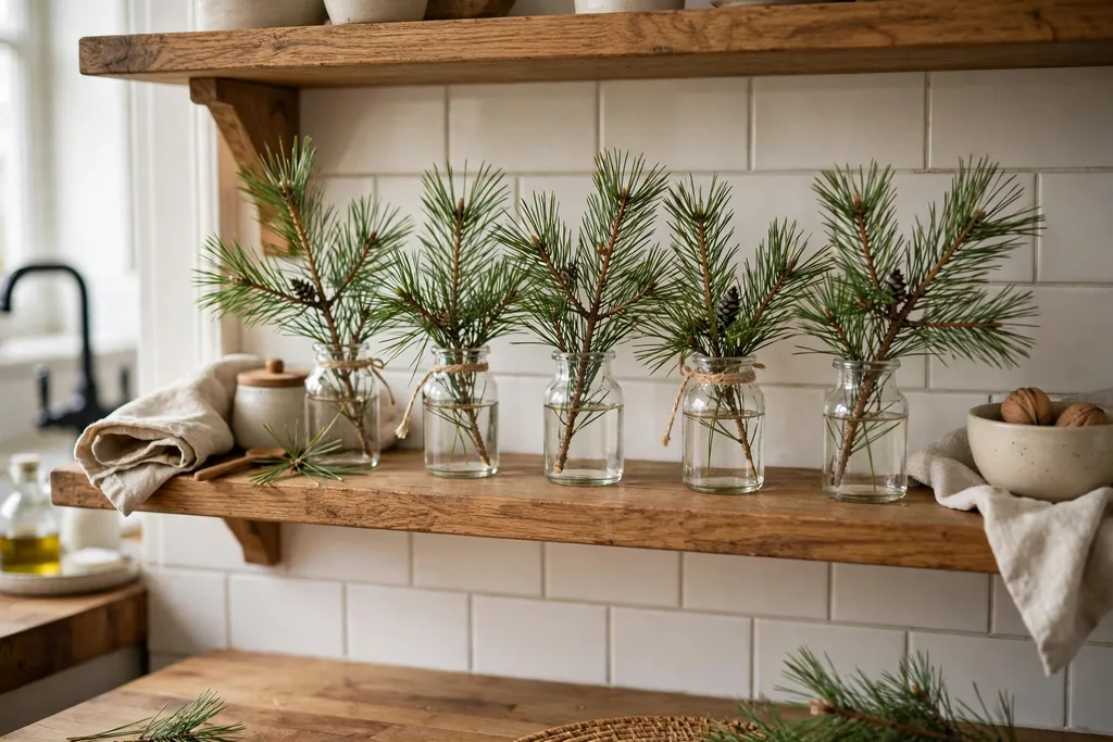 Pine sprigs in small glass jars along an open kitchen shelf.