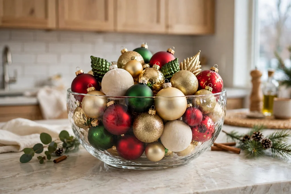 Clear glass bowl filled with red, green, gold, and cream ornaments on a kitchen counter.