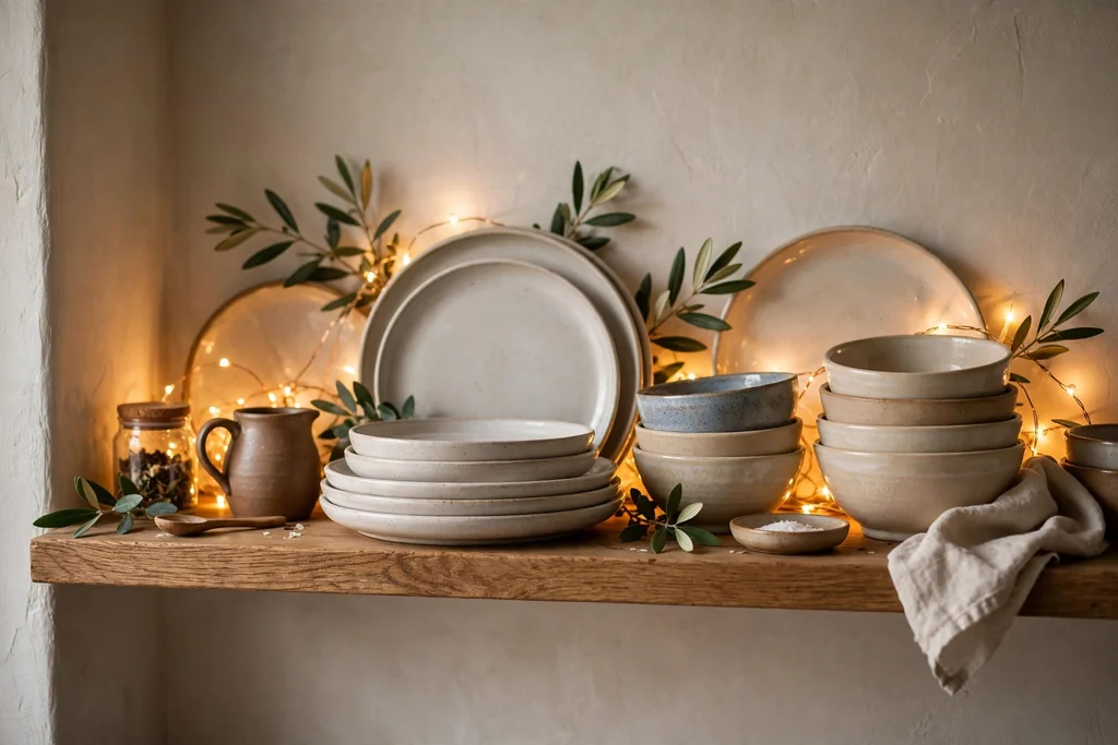 Open kitchen shelf with warm white string lights tucked behind plates and bowls.
