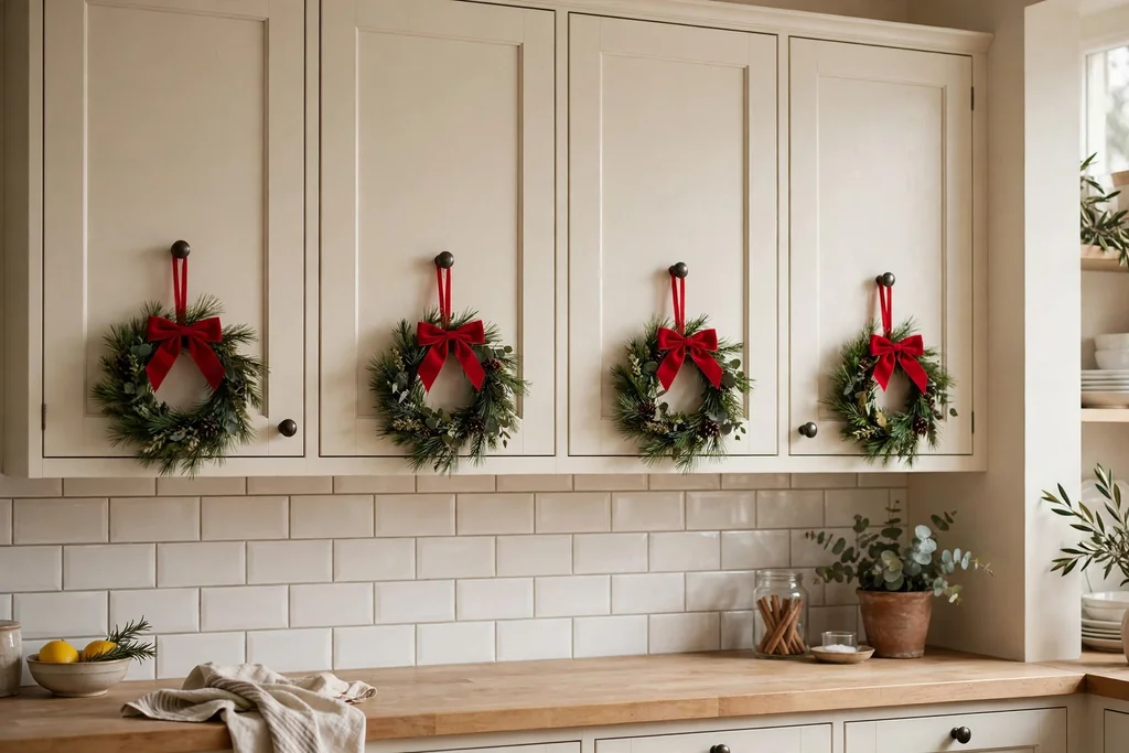 Small pine wreaths with red bows hung on kitchen cabinet doors.