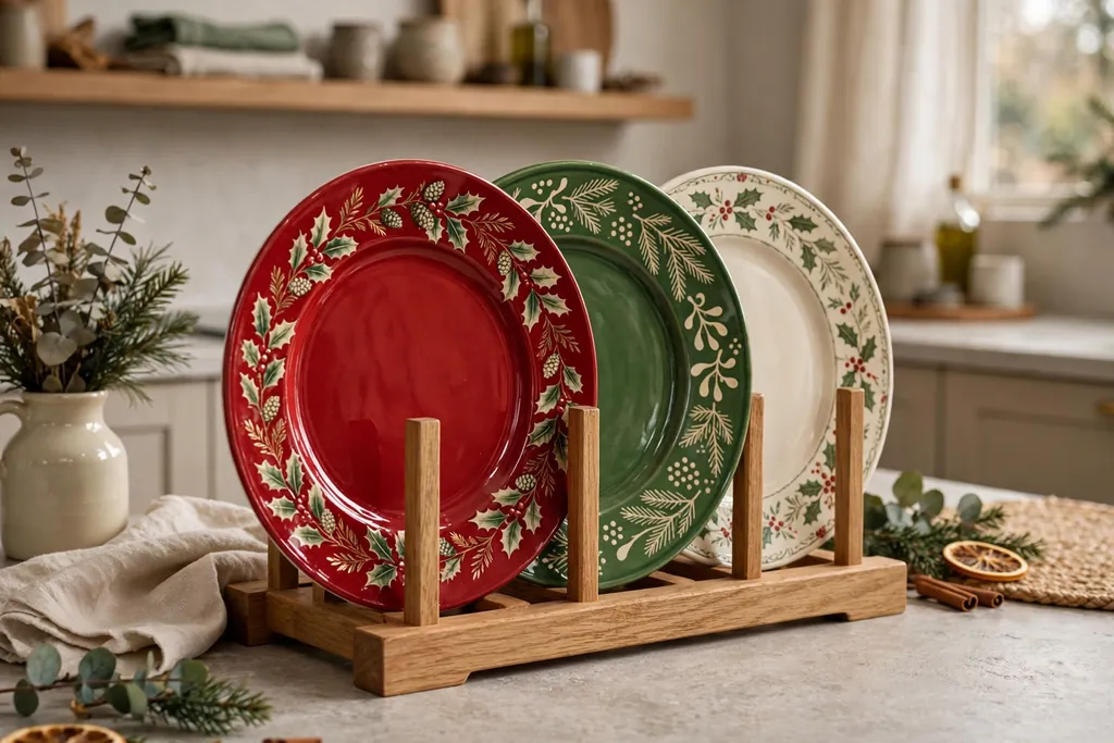 Festive plates in red, green, and cream standing on a kitchen plate rack.