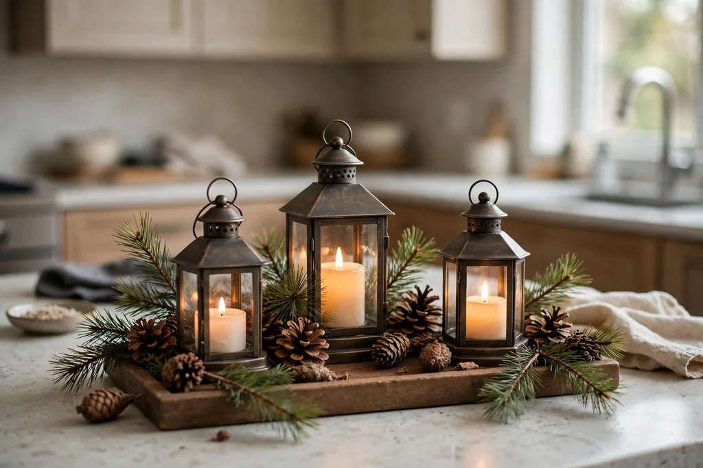 Small lanterns with battery candles, pine sprigs, and pinecones on a kitchen counter tray.