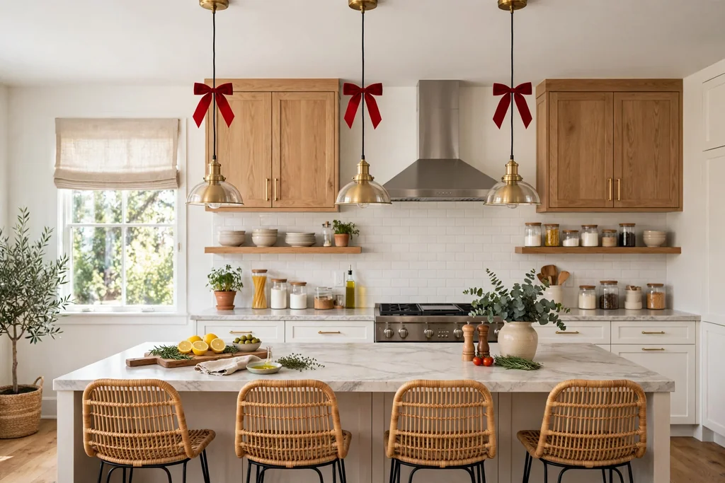 Red bows tied on pendant light cords over a kitchen island.