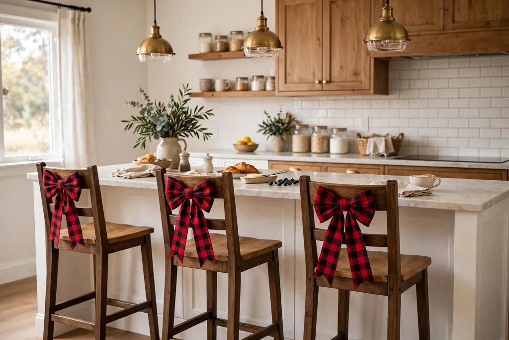 Breakfast bar stools with red and plaid bows tied on their backs.