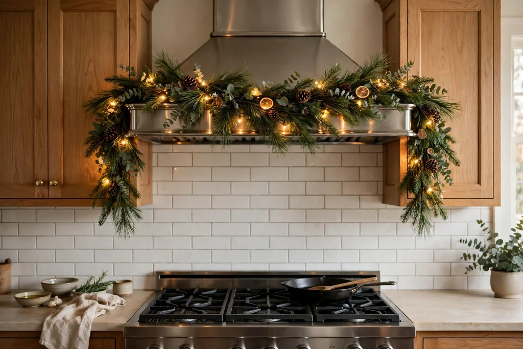 Pine garland with warm lights draped over a kitchen range hood.