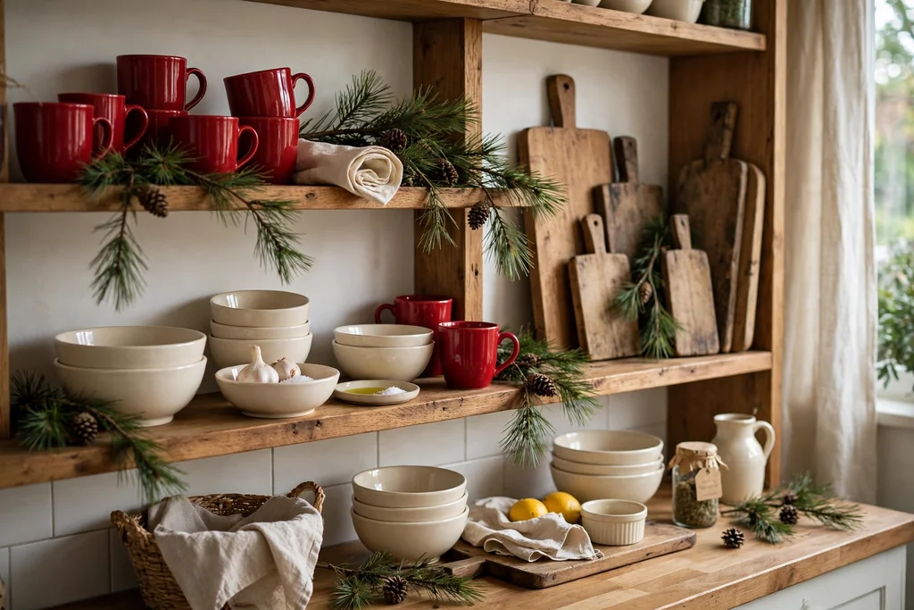 Open kitchen shelves styled with red mugs, cream bowls, wooden boards, and pine sprigs.
