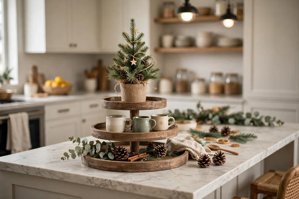 Tiered tray on a kitchen island with a mini tree, small mugs, and pinecones.