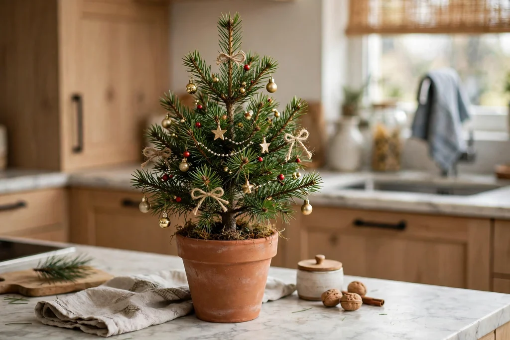 Small potted pine tree with tiny ornaments on a kitchen countertop.