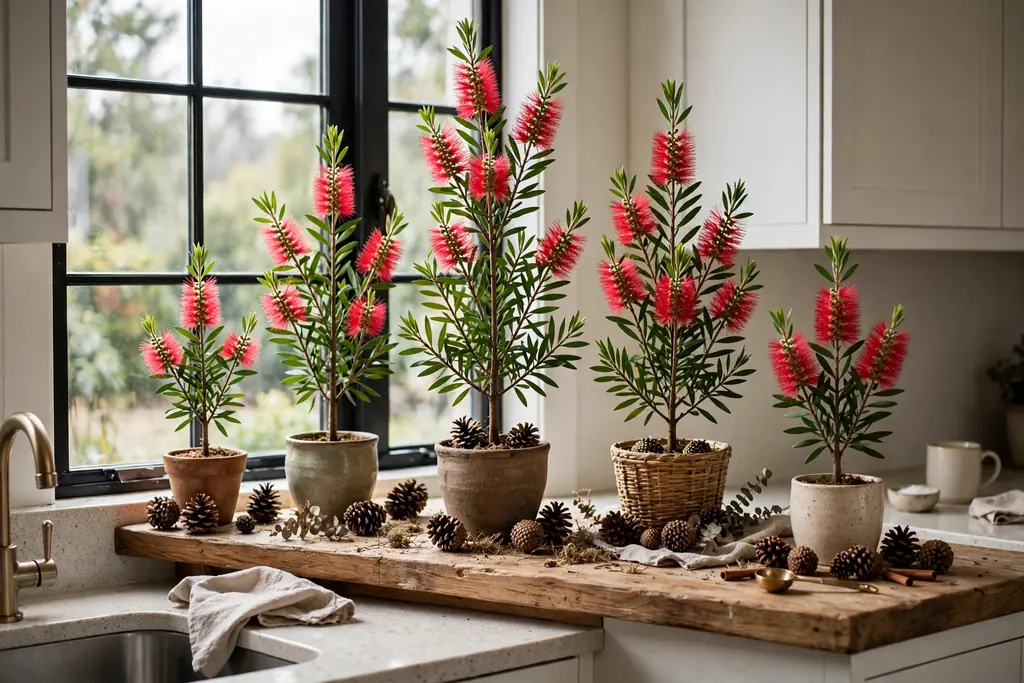 Kitchen windowsill lined with bottle brush trees in different heights and pinecones.