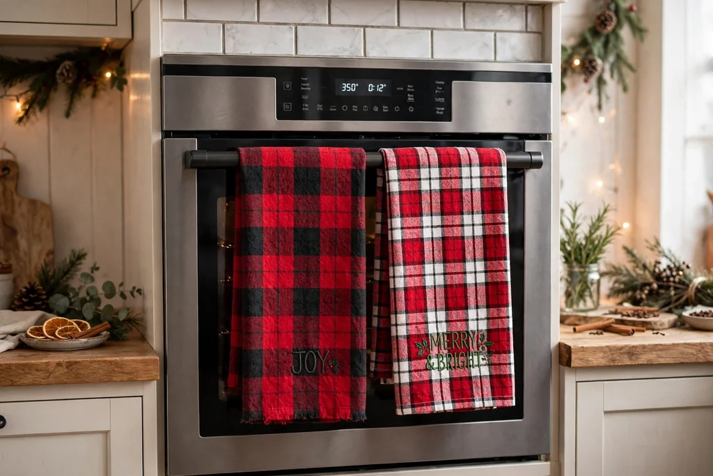 Holiday tea towels in red and plaid hanging on a kitchen oven handle.