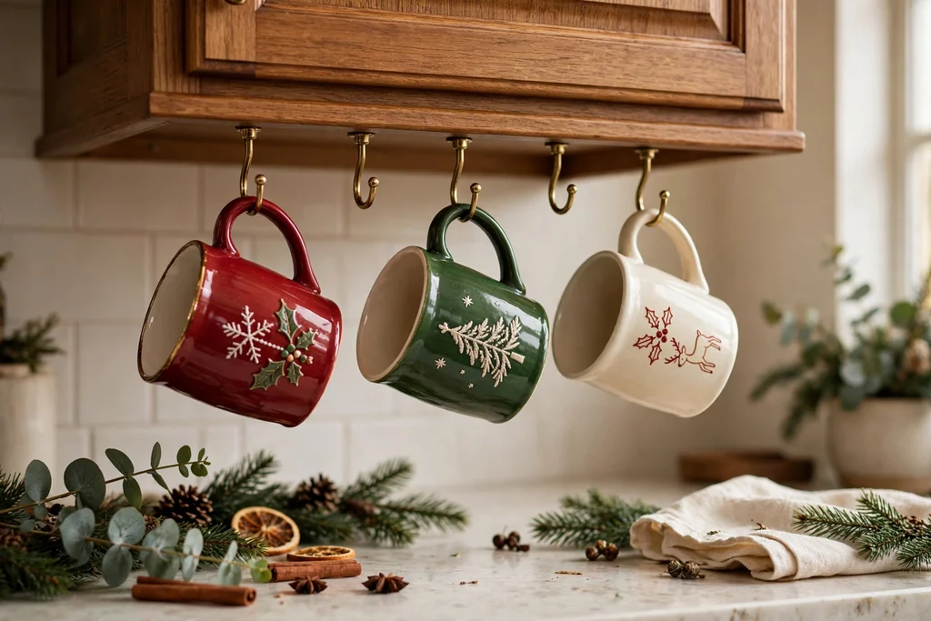 Christmas mugs in red, green, and cream hanging on hooks under a kitchen cabinet.