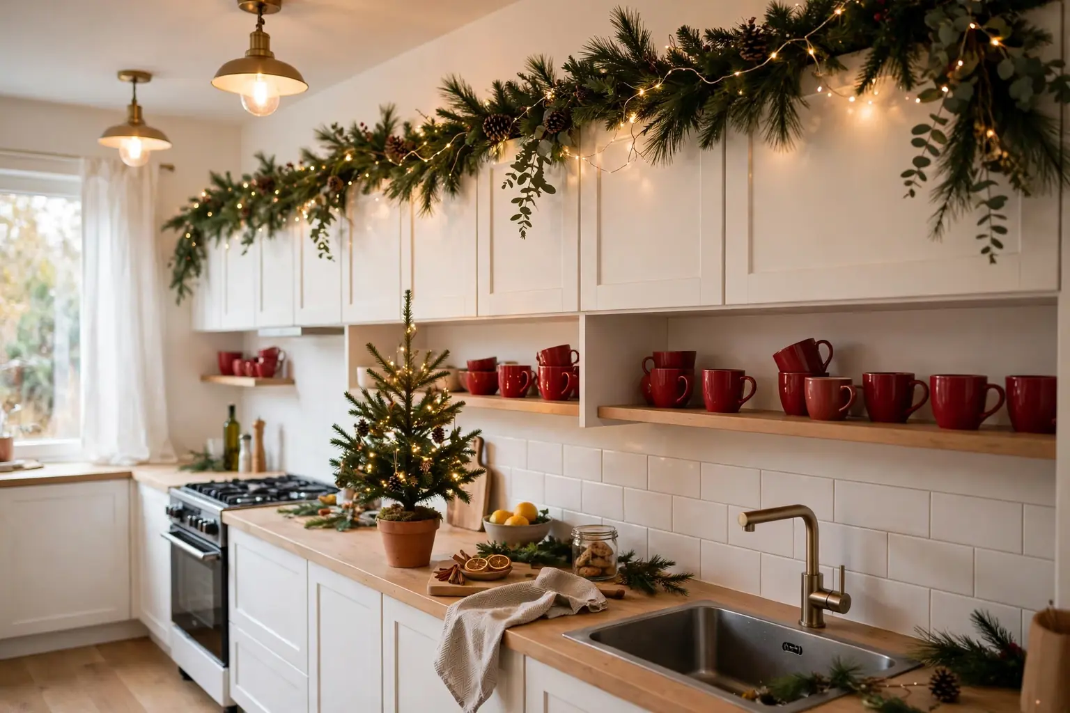 Bright kitchen decorated for Christmas with pine garland on cabinets, a small tree on the counter, and red mugs on shelves.