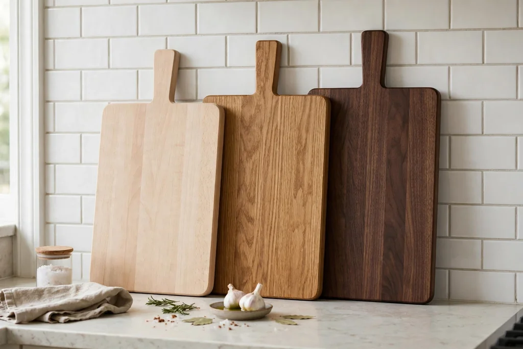 Wooden cutting boards in pale, mid, and dark tones leaned against a kitchen backsplash.