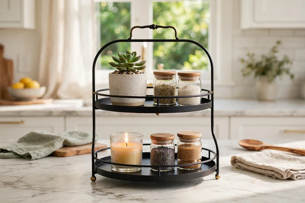 Two tier tray on a kitchen counter holding a small plant, a candle, and small jars.