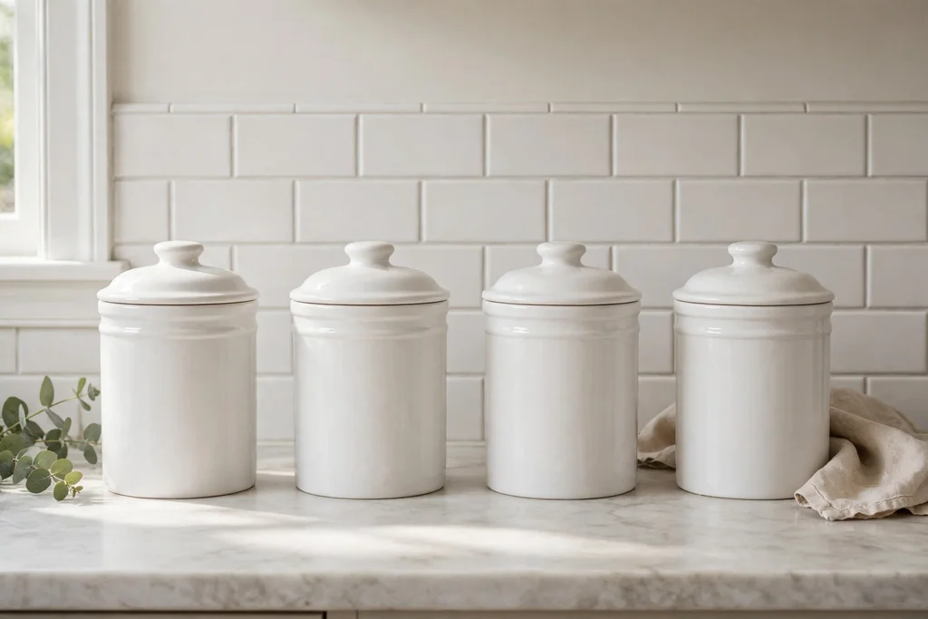 Matching white ceramic canisters with lids lined up on a kitchen counter.