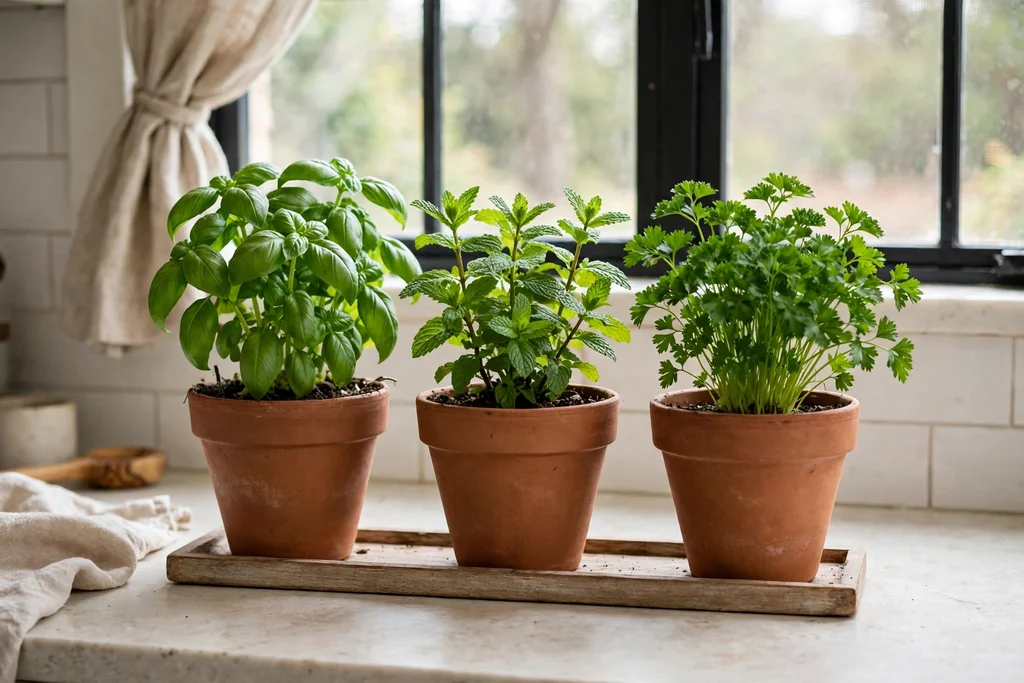 Row of potted basil, mint, and parsley in terracotta pots on a kitchen counter tray.
