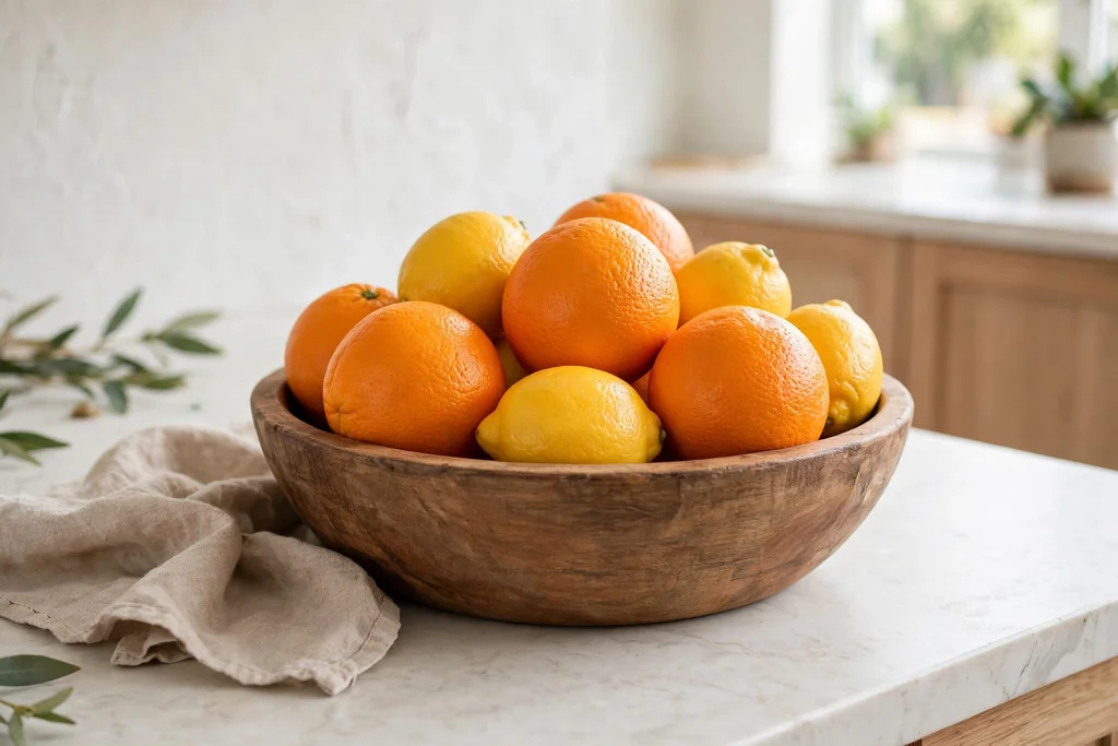 Wooden bowl filled with oranges and lemons on a bright kitchen counter.