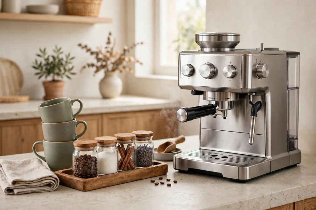Kitchen coffee corner with a coffee machine, stacked mugs, and jars on a wooden tray.